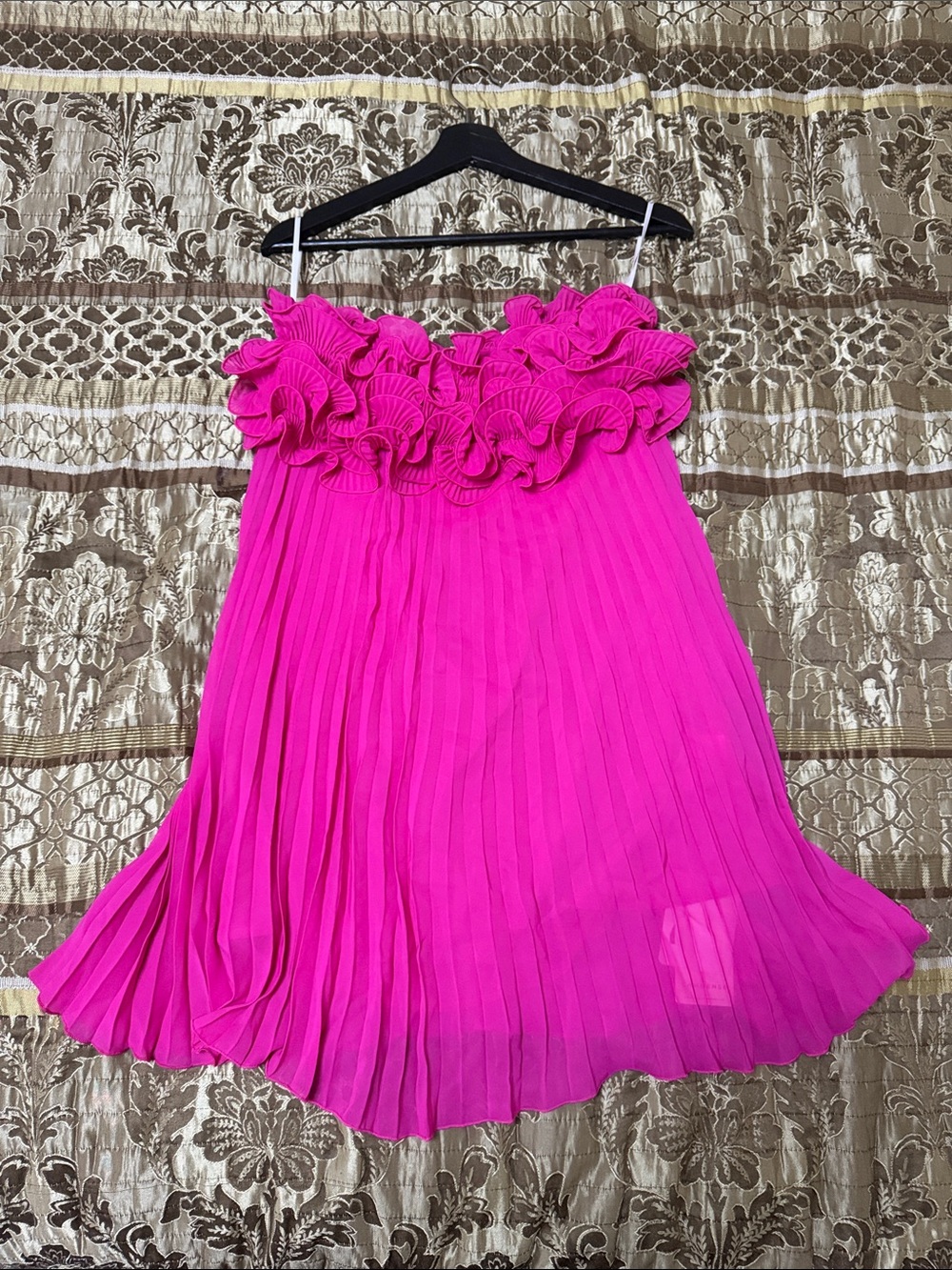 Commense Hot Pink Ruffled Strapless Pleated Dress